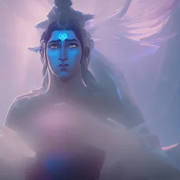 lord shiva meditating in the air, ultra realistic photo, blue colour, high key lighting, volumetric light high details psychedelic background