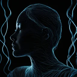 a portrait photograph of luminescent lines completely covers a woman's face like topographical curves , head bust, pure black background, 35 mm photo, neon light, highly detailed gloomy, sharp focus