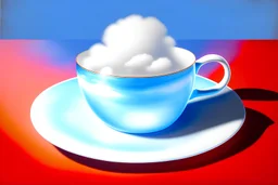 Blue silk tablecloth,ariel view,a huge caffe cup,chinese,a white,fluffy,realistic, sunny cloud floats over the cup,a small red airplan flies across the cloud,lithography,minimalism, grainy print