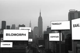 greyscale cityscape upshot, minimalism, many large white billboards populate the city with black block lettering with single word: "BIOMORPH" || "CB" || "SPATCHCOCK" || "TANGUY", || "SURREAL". || 'They Live' movie still, city panoramic, concept art, subliminal messaging