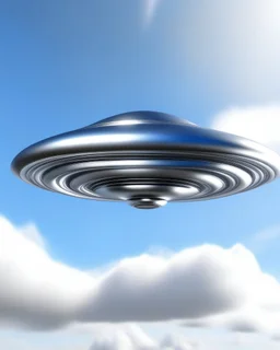 Design a futuristic, silver UFO hovering in a clear blue daytime sky, photorealism