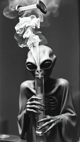 Get An old picture style of black and white mono very bad quality looks very old camera picture of an alien smoking from a bong , year 1900