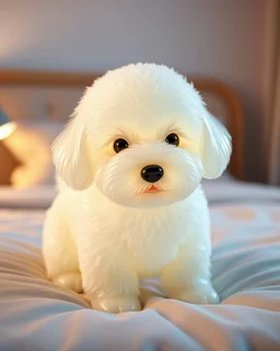 Generate image: A macro 3D render of a cute, lovely wooly dog ,made of Translucent glossy jelly material, soft gelatinous appearance, smooth rounded surface, realistic subsurface scattering, internal light diffusion, subtle volumetric translucency, wet polished highlights, slightly reflective surface, soft rubbery-plastic texture, vibrant neon color, physically based shader, studio lighting, high-end CGI render.on a conform in a luxury bedroom.