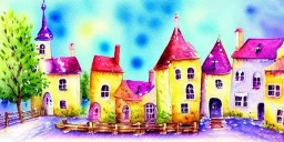 exquisite whimsical village watercolor, delicate village, cute, adorable, linen backdrop