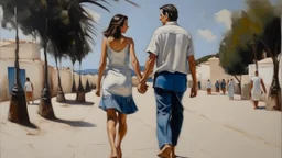 cote d'azurcouple walking had in hand from the back painting neoclassism 60