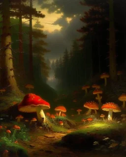 A black forest filled with glowing mushrooms painted by George Inness