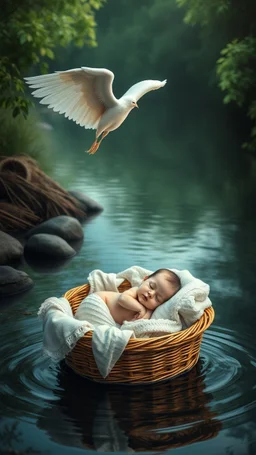 A baby sleeping in side a basket bed that is floating in the river and an angel with wings flying over the him