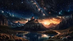 galaxy, space, ethereal space, cosmos, water, panorama. Palace , Background: An otherworldly planet, bathed in the cold glow of distant stars. The landscape is desolate and dark, with jagged mountain peaks rising from the frozen ground. The sky is filled with swirling alien constellations, adding an air of mystery and intrigue. Old castle of london, detailed , enhanced, cinematic, 4k,by van gogh