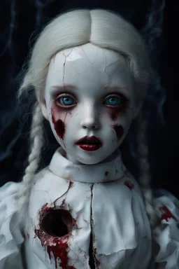 A hauntingly beautiful porcelain doll with small storms for eyes. Her skin is pale and cracked like porcelain. Her hair is red like wine with fire coming out. Her lips are sewn together except for one corner that is ripped and bleeding.