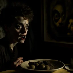 Strong texture, photorealism, Caravaggio, Egon Schiele. Intricate patterns, hypermaximalist. Photo made of inside house, an eerily mysterious, hidden and odd person is eating, a witchy house, sober style, pastel colors. Movie shot, spooky. Sinister scribbles, 33mm photography. Beasts