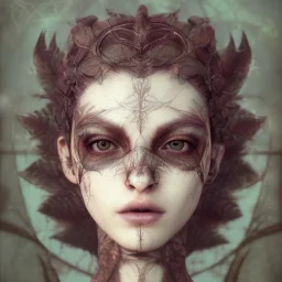 karlan, rusty metal, feathers, Dryad, fae, sidhe, ominous, nature, plants, wildflower, facepaint, dnd character portrait, intricate, oil on canvas, masterpiece, expert, insanely detailed, 4k resolution, retroanime style, cute big circular reflective eyes, cinematic smooth, intricate detail , soft smooth lighting, soft pastel colors, painted Renaissance style