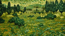 An olive green field with stinky flies designed in ancient Greek mosaics painted by Vincent van Gogh