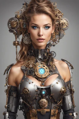 Front view half body gorgeous Realistic Photography beautiful super model Russian as playing Dj player with body full mechanical steampunk cyborg realistic beautiful woman hyper detailed