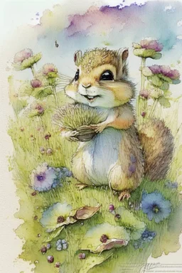 a cheerful cute furry fluffy chibi chipmunk holding a beautiful big raisin on the green field with flowers S<AI by Jean-Baptiste Monge, watercolor and ink, intricate details, fantasy, beautiful, award winning, colorful, fantastic view, crisp quality, in sunshine