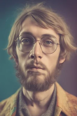 Hippie bohemian young man with Parisian bohemian look and glasses of colours and poor and short short short and poor hair on the head with receding hairline. Farsightedness glasses with big eyes. Long beard. Vintage look and feel like photo styleof the 70s