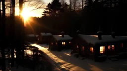 The light of the setting sun shines strongly on the Hunter's country Lodge forest in the freezing snow and cabins.