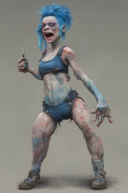 an ugly deformed abomination of a girl with an amputated arm and an amputated leg and really funky blue hair