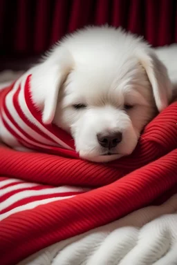 cute white Teddy bear asleep under a blanket wearing a thin small red and white striped scalf