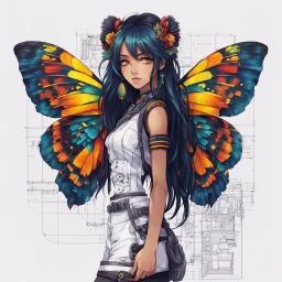 half body, long hair, with detailed blueprints and engineering schematics of a walking hybrid Madagascan sunset moth insect girl, in anime style, drawings, 8k, vibrant natural colors, white skin, wings above shoulder