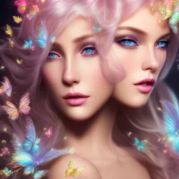 bright fairy, beautiful portrait, blond hair,blue eyes, flowery luminous pastel colors, butterfly