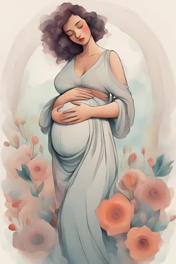 A digital painting, with strong textures, nuanced colors, a vignette, and an illustration of a pregnant woman lovingly looking at her belly while caressing it, wearing a flowy dress, flowers, whimsical, enchanting illustration, cubism style