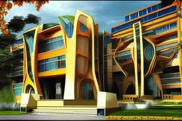 Worlds best building design for a college campus. Unique and brilliant architectural design. Use Indian hindu style mixed.
