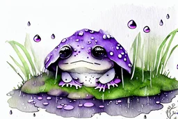 3D close-up of a very cute fluffy plushy chibi plush frog hiding from the rain under a spotted mushroom, puddles in front, grass and violets next to him, 3d effect melting watercolour on wet inked paper, black ink outline in sunshine, ethereal, cinematic postprocessing