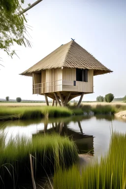 A triangle floating house with a thatched roof in a wetland in Costa Brava, that integrates nesting elements for birds