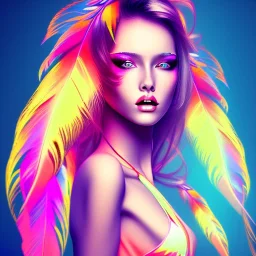 beautiful women with colorful feathers neon