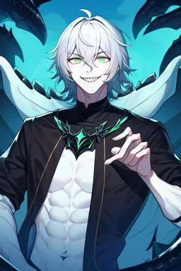 plauge doctor in balck leather clothes with silver hair, pale skin and bright green eyes smiling with sharp teeth, nice young face, male, viscious smile