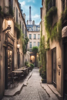 Beautiful landscape of an old alley with a café in Paris