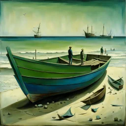 A man, beach, a green and blue boat, some pieces of wood, summer, creepy, odd, surreal, Yves Tanguy