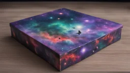 a box 10 cm long by 5 cm wide and 25 cm high, drawn on a box on all sides, space, tress, planets, butterfly nebula, crow, purple, green and red, realistic