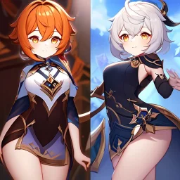 portrait of genshin from genshin ((genshin)) ((genshin ingame outfit)) wearing a short skirt, black short hair, orange eyes