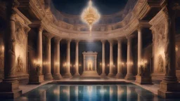 symmetrical night-time view inside a palace in ancient Rome showing rooms, halls, courtyards, sparkling fountains, night, many lamps, perfect symmetry, luxury, magnificent, marble statues, coloured pictorial tapestries, paintings, dream world, calm beauty, symmetry, fantasy world, magic, splendor, uplifting, inspiring, therapeutic, chiaroscuro, color, award-winning colour photograph, beautiful composition, exquisite detail, Nikon 135mm