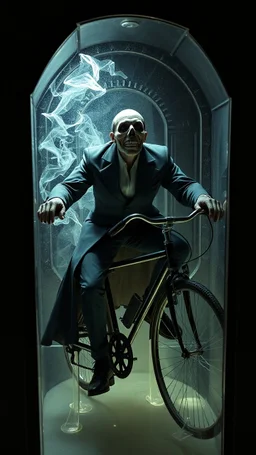 full figure man that has mouth moved down to his neck and he has no chin on a vampire bike inside glass coffin