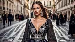 Beautiful model female fashion vogue style, portraits with dresses Gucci, Balenciaga, Chanel, background Rome via Nazionale, via Condotti, Piazza di Spagna, Dramatic ambience, wearing shining Diamond Jewelry, in sharp focus, post – processing, perfect composition, global illumination, Canon EF 16 – 35mm f/ 2. 8L III USM Lens on a Canon EOS 5D Mark IV camera, Cinematic lighting, Dramatic lighting, sharp focus, photorealistic, Ultimate Luxury, romantic mood, expressions, 4k, 8k, 16k, full ultra hd