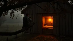 back to he camera sitting a barn on a tree branch and looks into the poor village room through the window, mystic fog, autumn, rain, little light, sunset, high detailed, sharp focuses, photorealistic, perspective, cinematic, dramatic vibe