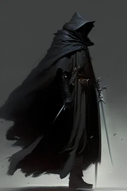 A commander with a black cloak and a long coat with long combat boots and a long spear