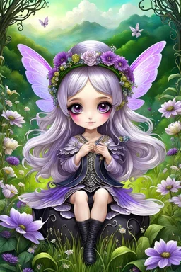 cute happy fairy girl with little wings and rounded ((purple eyes)), big long silver hair, sitting her nice hat a tiny black (kitty with green eyes) , chibi, 3d anime character, detailed, fantasy style, nice picture in the big meadow with pale colors flowers