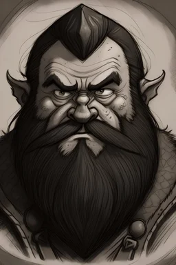 Generate a charcoal sketch of a dwarf with dark hair and a wild gaze on a wanted poster.
