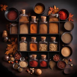 top-down photograph of a gourmet spice kit, jars and vials with cork stoppers in a beautiful ornate lacquered wooden multi-sectional container, stunning advertising photograph, cinematic lighting, moody atmosphere, ornamental stones and wooden knick-knacks, autumn atmosphere, wiccan,