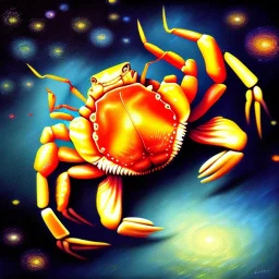 Dibujo al oleo de un Cangrejo pintado con muchas nubes de colores estilo Vincent van Gogh