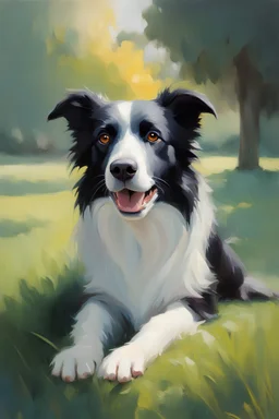 realism, a Border Collie Dog sitting on the grass of an English garden, sunny, grey hair cover the nose and the bottom of the legs , surprised, quiet, wisdom, questioning, attentive, joyful, happy, happiness, sun rays, fantasy lighting, high quality, color full, by Henry Asencio, by Bo Bartlett
