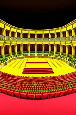 3D shot of the show area in a traditional theater, and the arena is square or rectangular in shape