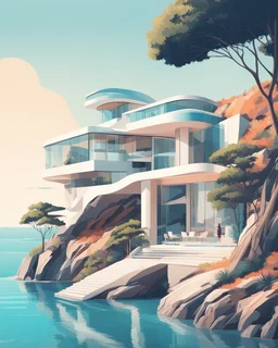 Architectural illustration of a captivating masterpiece of modern minimalist architecture, neo-futurist style. The scene shows a luxury house or resort on a cliff by the sea. Trees three people. Clear summer weather. Complementary colors. 8k