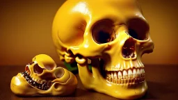 a picture of a dark, comedic, anatomically correct skull of a smiley face, photo realistic, highly detailed, yellow, old, part of a collection of bones on display on a scientists shelving