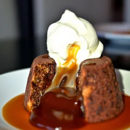 A decadent Molten Lava Cake, oozing with hot molten chocolate from its cracked center, elegantly presented on a plate with a dollop of creamy ice cream perched on top. This sumptuous dessert is depicted in a photograph, capturing the richness of its textures and colors. The luscious chocolate appears almost liquid, while the cake's exterior glistens with a hint of golden crust. The ice cream melts slightly, creating a tantalizing contrast of temperatures. The image exudes a sense of indulgence a