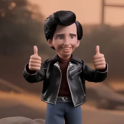 wide view young Fonz with black hair greaser figure doll 1992 (thumbs-up) (face) Forehead grin, fonzarelli, ((arnold's drive-in)) fonzie