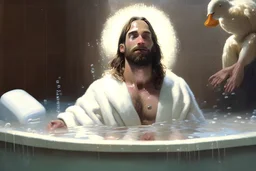 Jesus is bathing. playing with foam and rubber duckies in his bathrobe. halo on his head. 4K David Palumbo